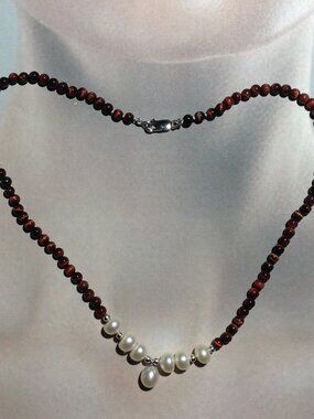 Burnt Red Tiger-Eye Beads and Freshwater Pearl Necklace.